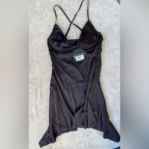 NWT White Fox French feeling Black Satin mini Dress party dance uneven length S